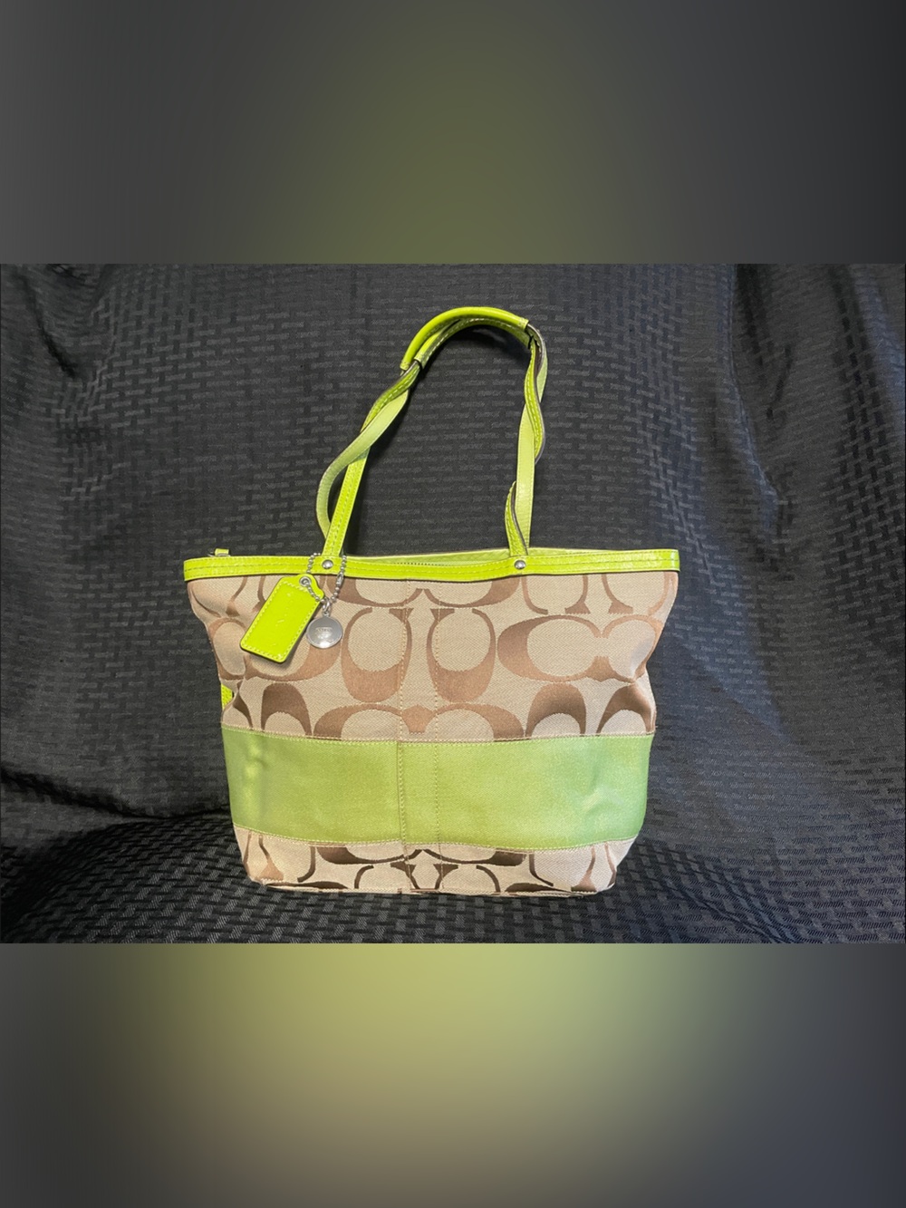 Coach Signature Canvas Tote with Neon Lime Trim/ good condition
